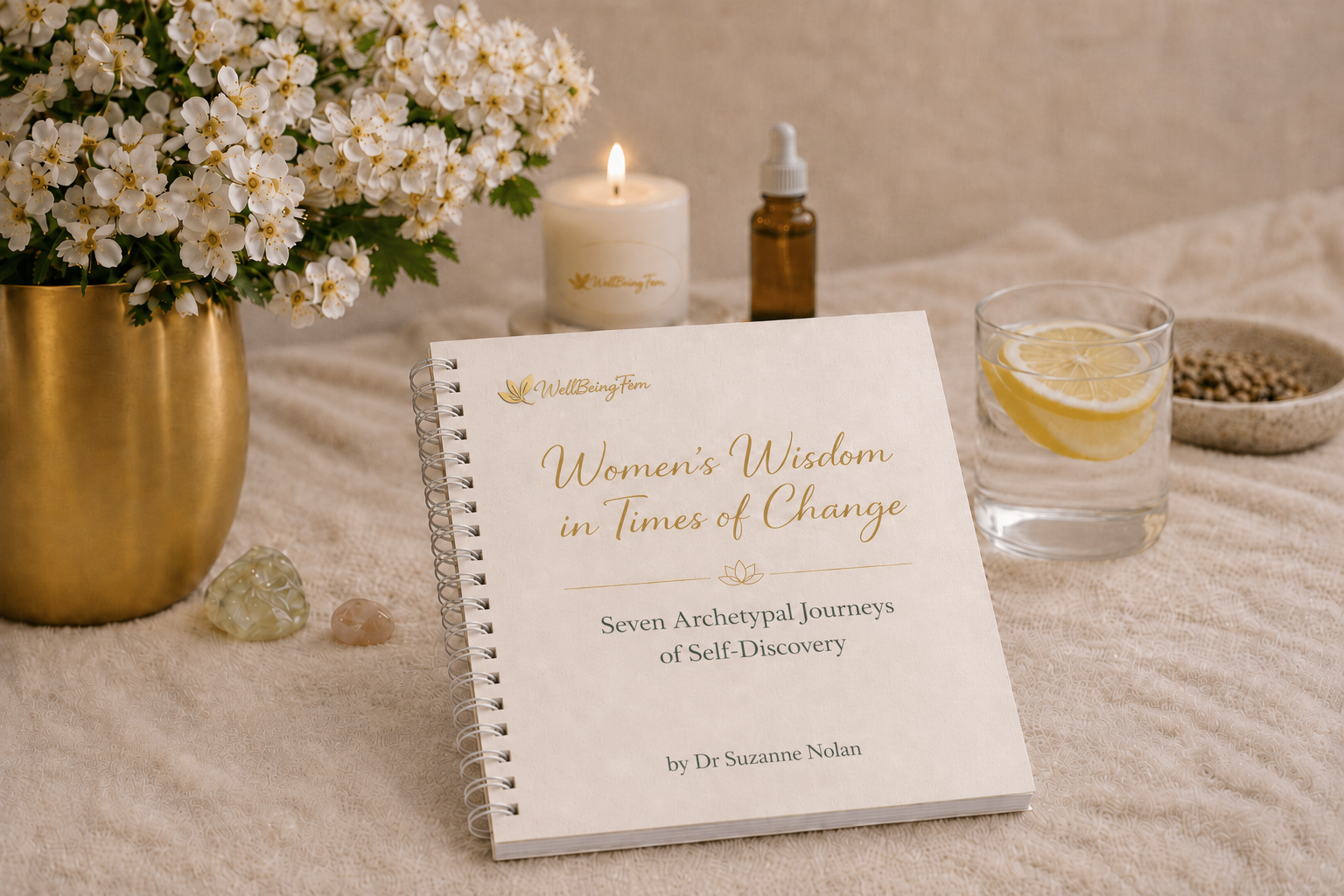 Women’s Wisdom in Times of Change companion book in a calm wellbeing setting